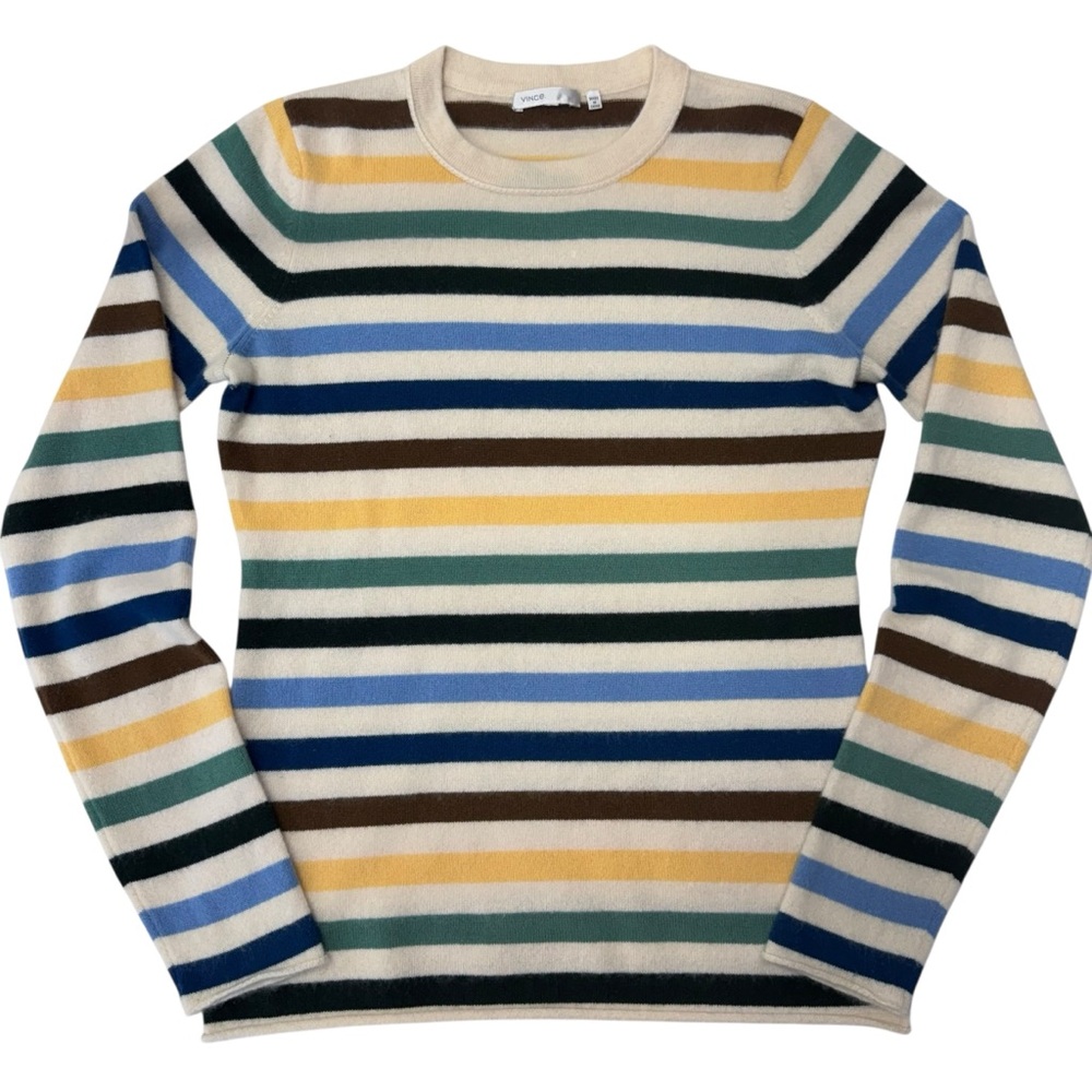 Vince Mixed Striped Cashmere Sweater Crewneck Size L Cozy Preppy - Picture 3 of 13